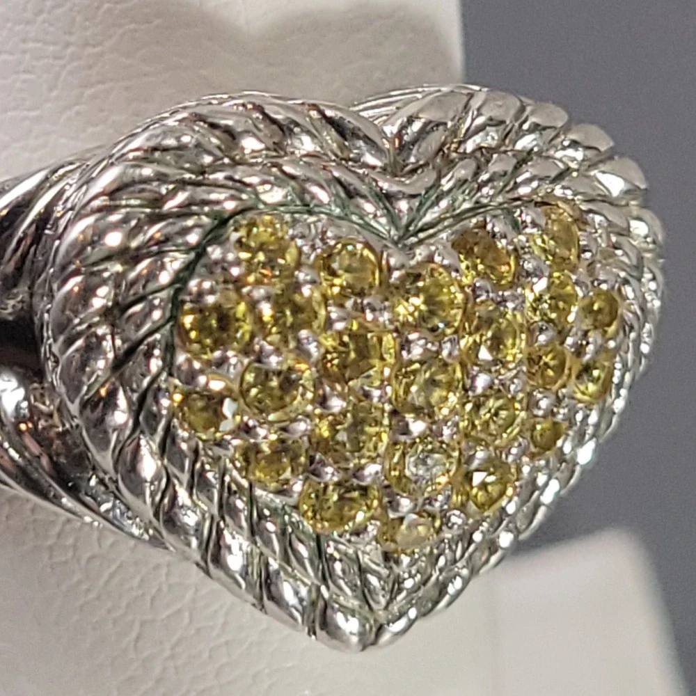 Judith Ripka Sterling Silver Heart Ring Size 6 Peridot Yellow-Green Pave Stones